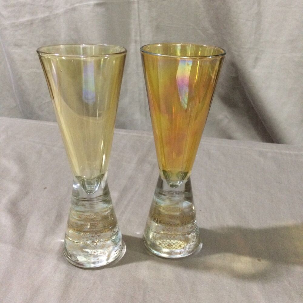 Vintage Collezione Timon Italian Art Glass Champagne Flutes Iridescent Gold Pair